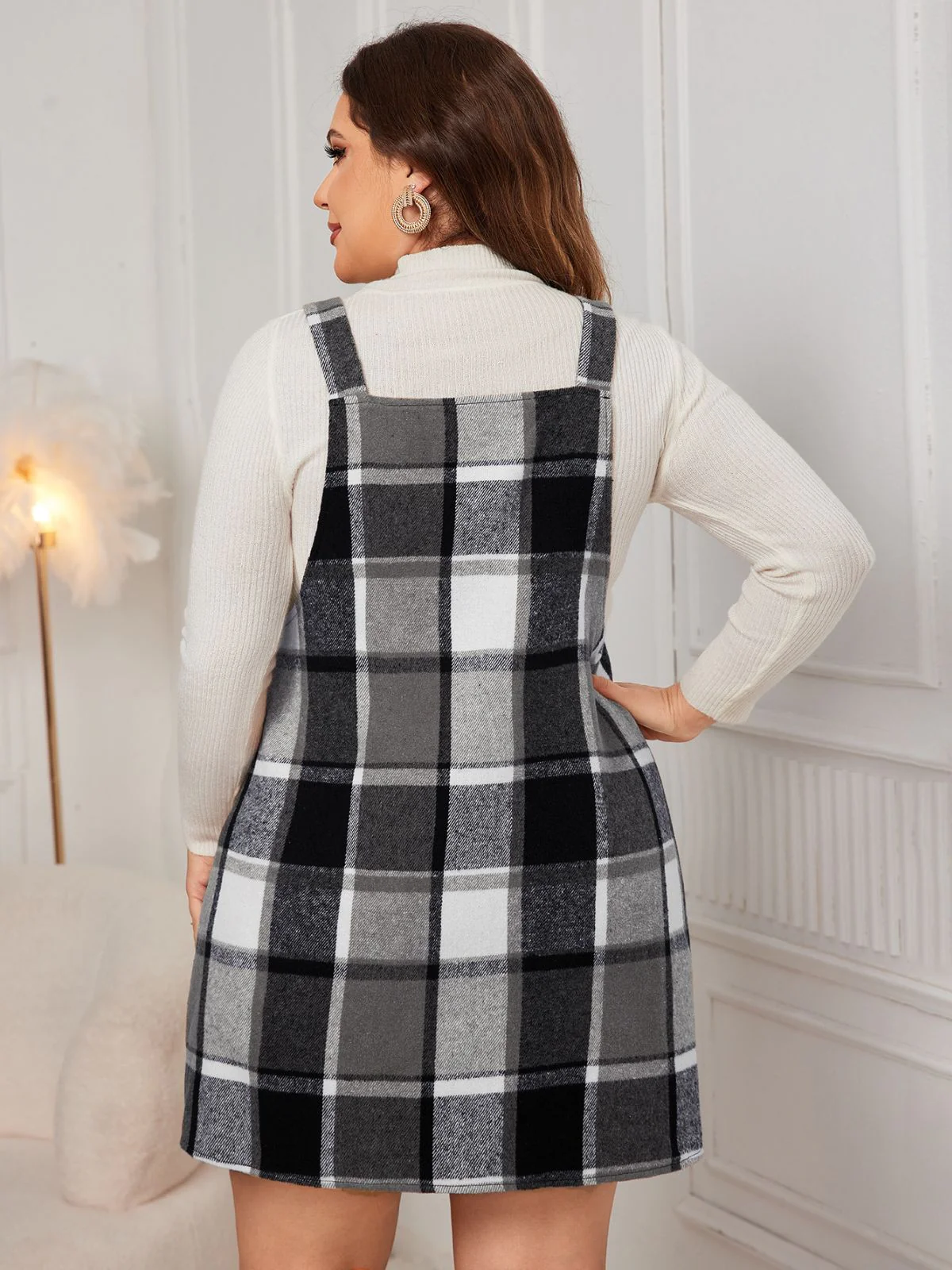 [Plus Size] 1940s Plaid Button-Strap Pinafore Dress - Image 3