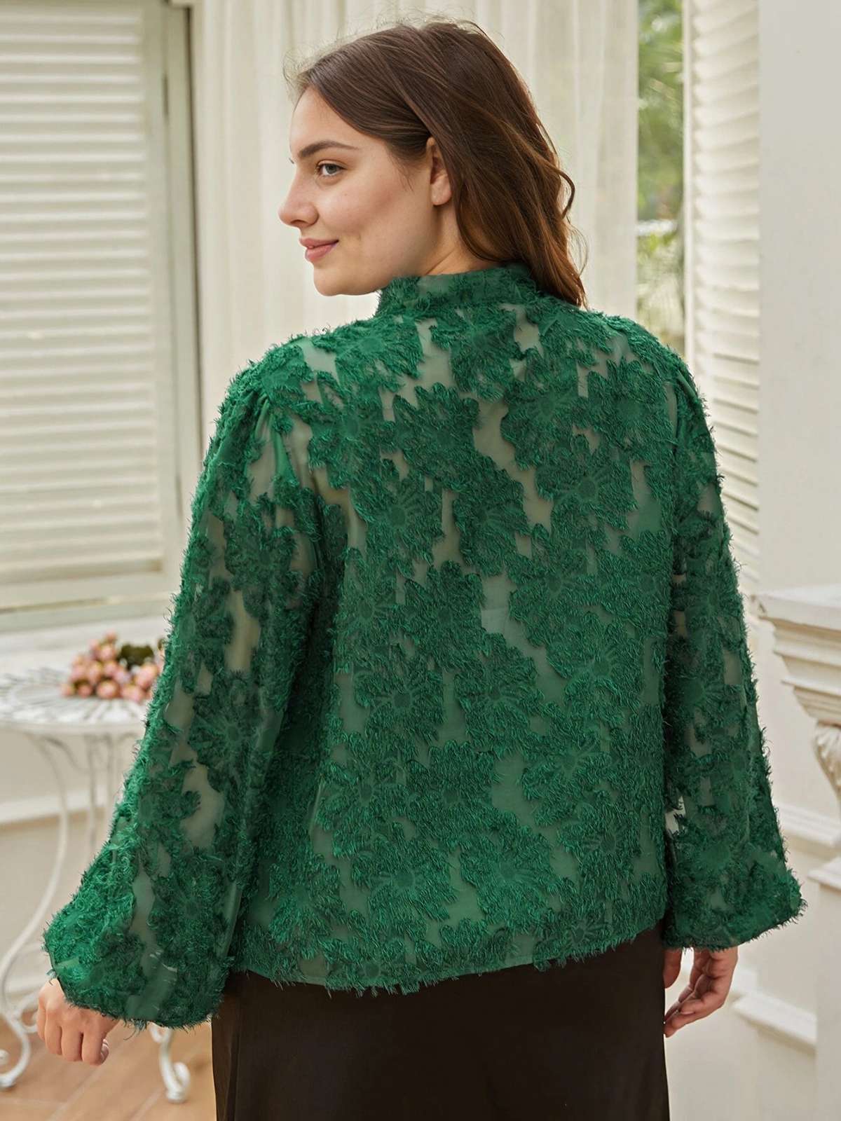 [Plus Size] 1940s Solid Floral Jacquard Tie Neck Blouse - Image 4