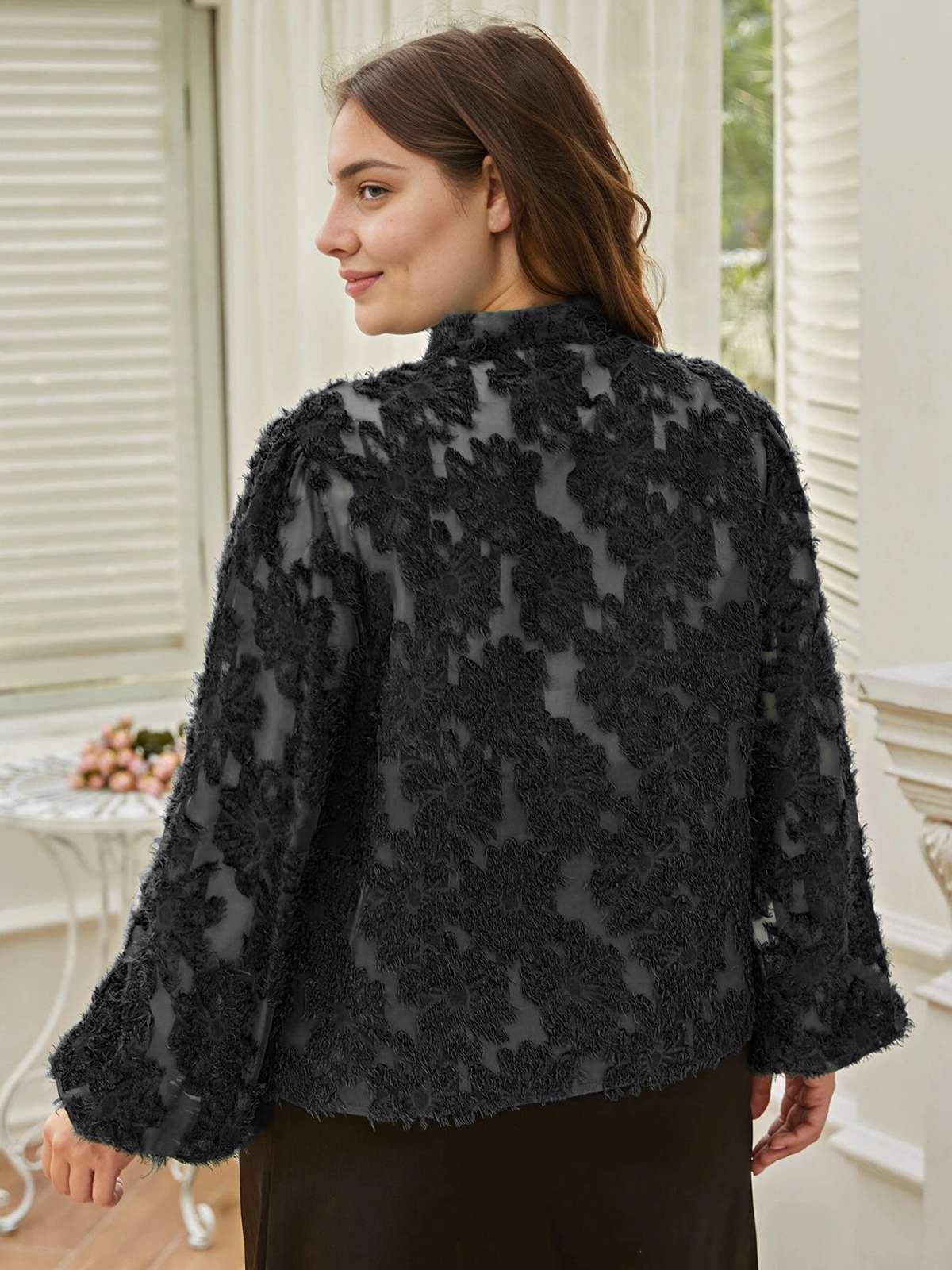 [Plus Size] 1940s Solid Floral Jacquard Tie Neck Blouse - Image 8