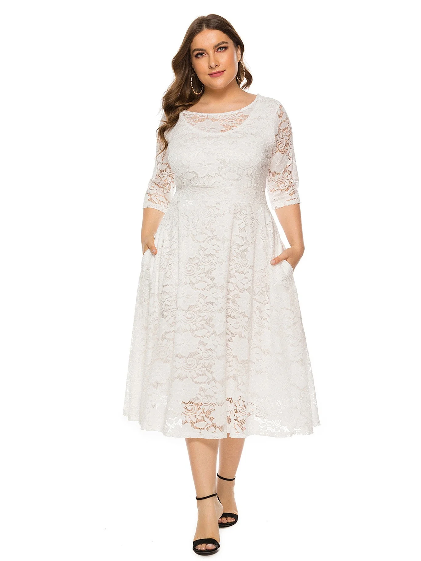 [Plus Size] 1940s Solid Lace Pocket Swing Dress - Image 12