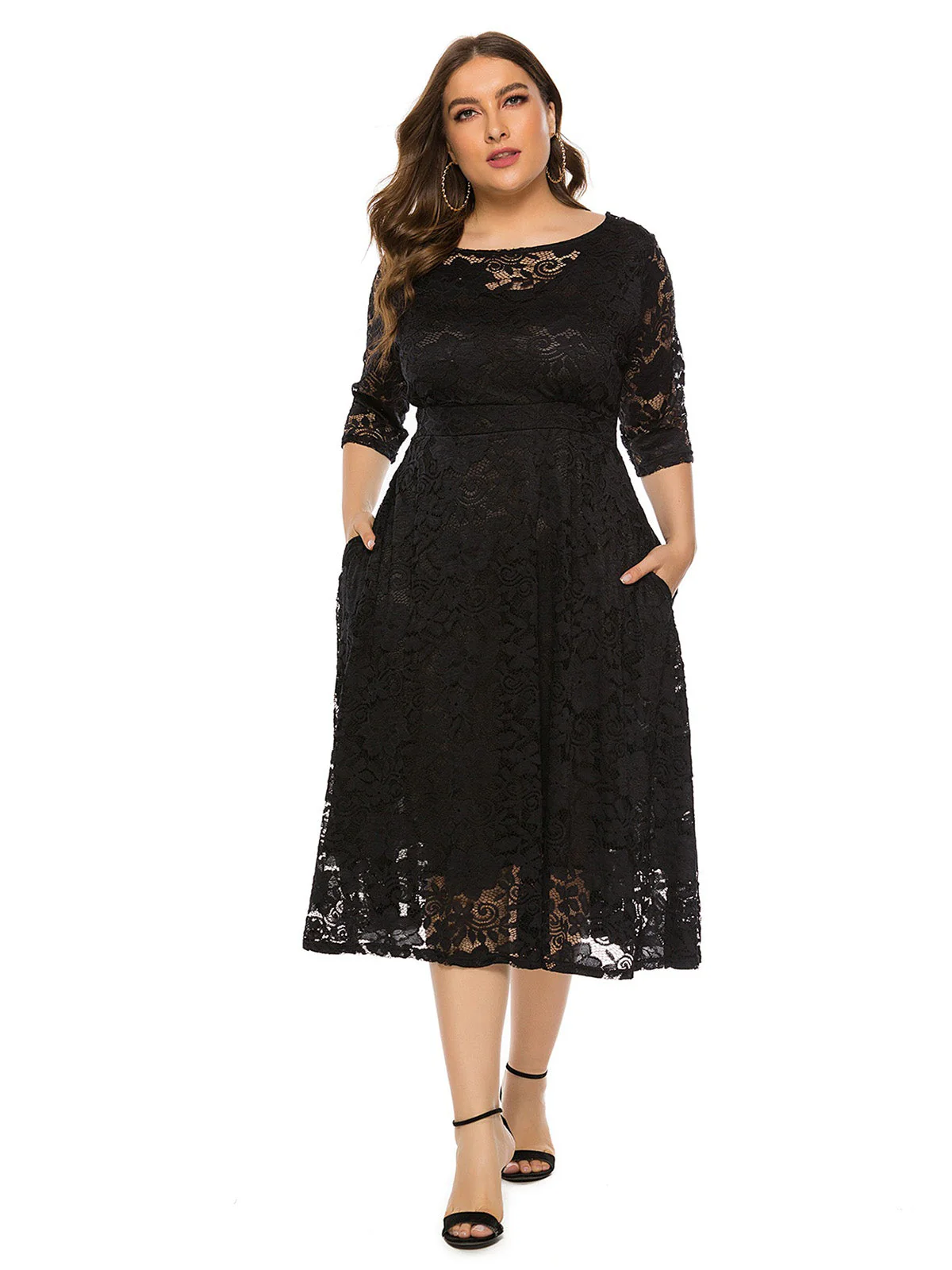 [Plus Size] 1940s Solid Lace Pocket Swing Dress - Image 2