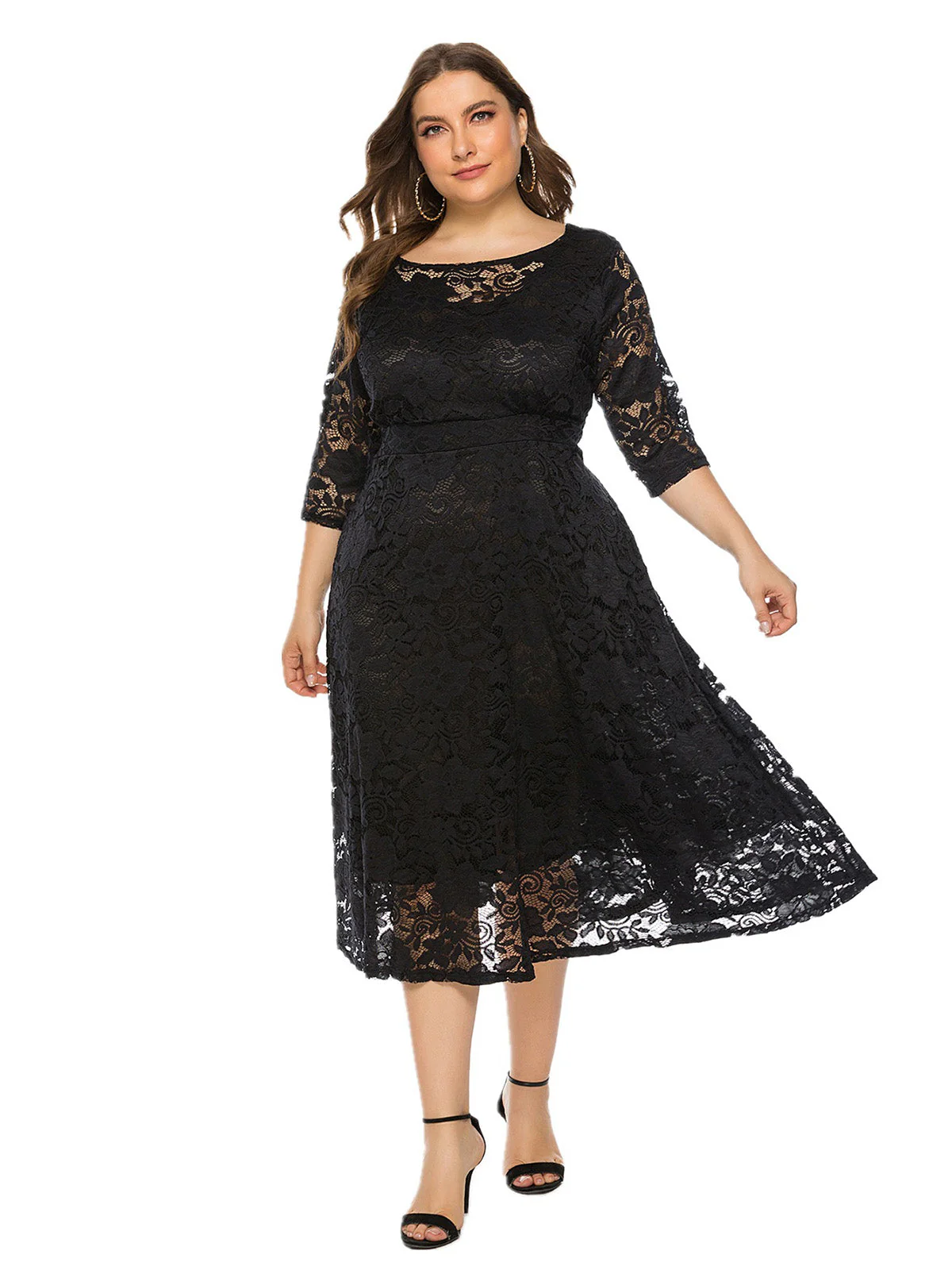 [Plus Size] 1940s Solid Lace Pocket Swing Dress - Image 3