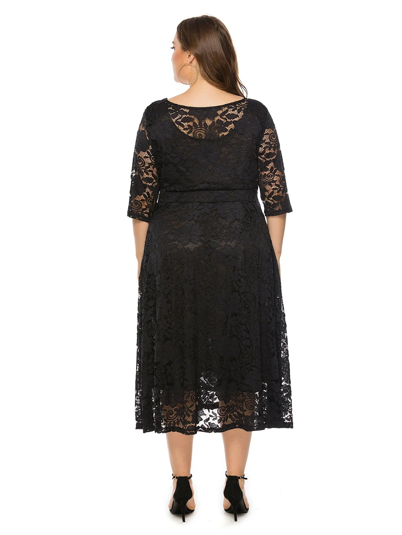 [Plus Size] 1940s Solid Lace Pocket Swing Dress - Image 4