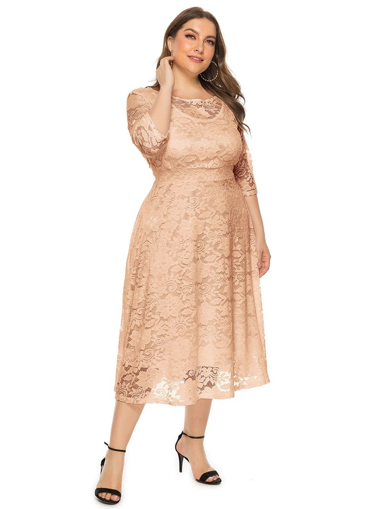 [Plus Size] 1940s Solid Lace Pocket Swing Dress - Image 6