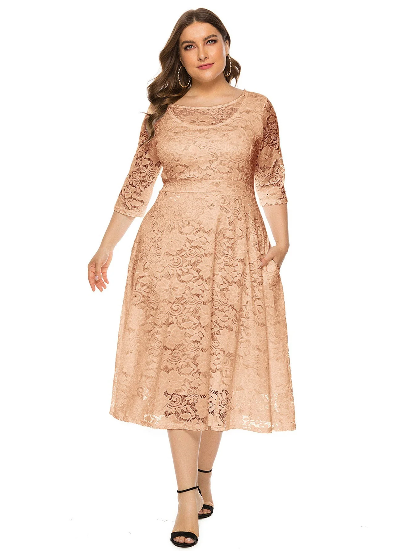[Plus Size] 1940s Solid Lace Pocket Swing Dress - Image 7