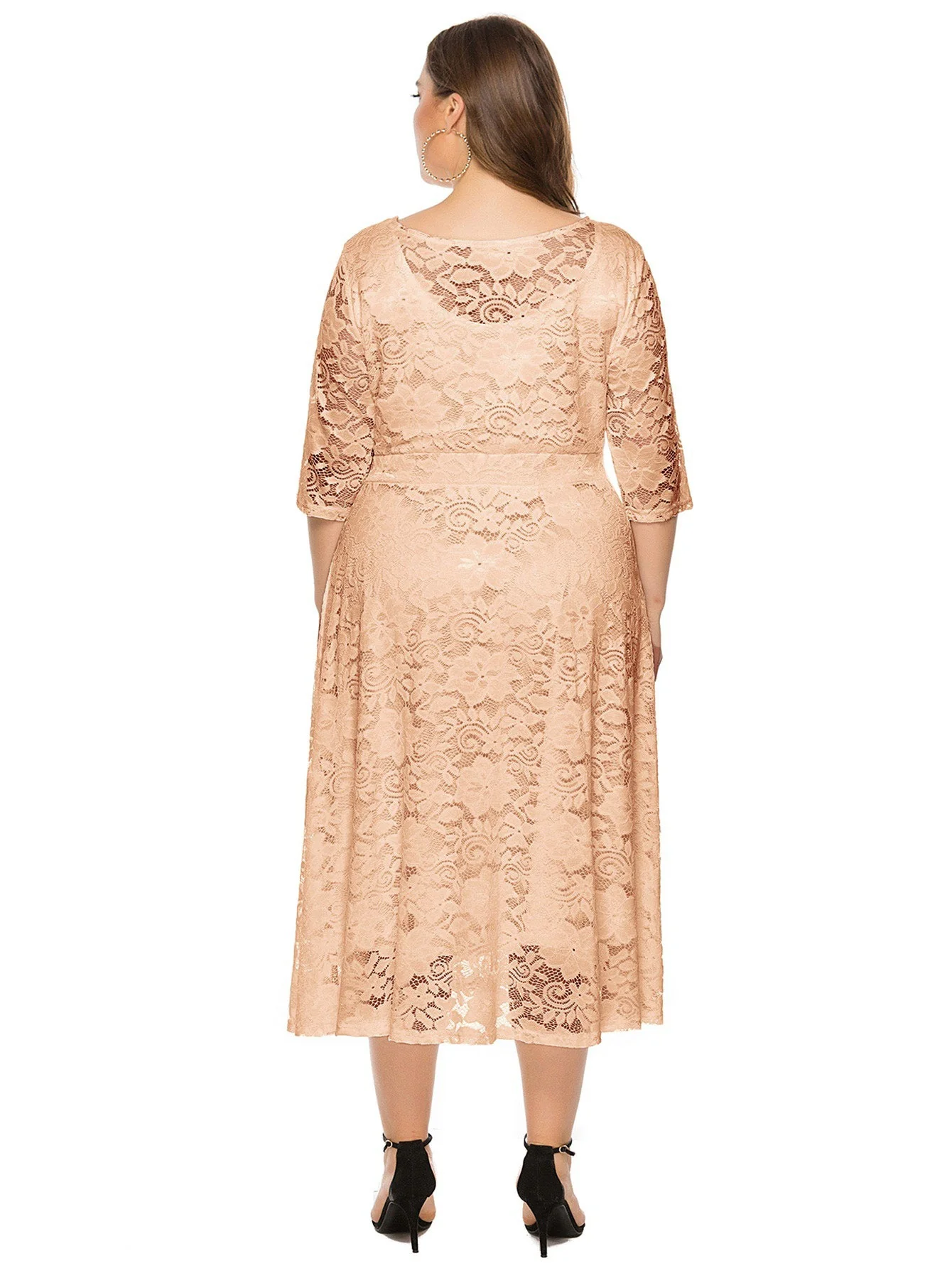 [Plus Size] 1940s Solid Lace Pocket Swing Dress - Image 8
