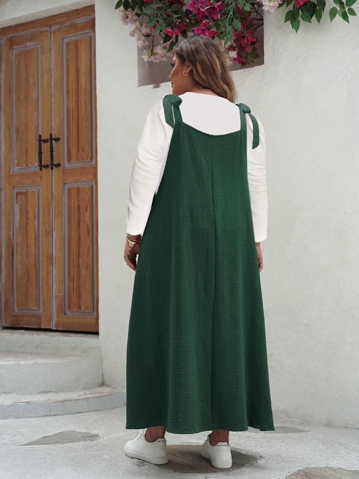 [Plus Size] 1940s Square Neck Pleated Pinafore Dress - Image 3