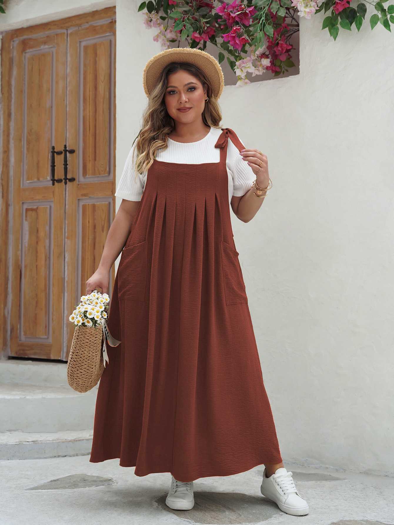 [Plus Size] 1940s Square Neck Pleated Pinafore Dress - Image 4