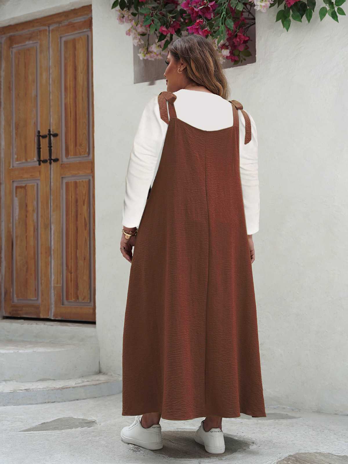 [Plus Size] 1940s Square Neck Pleated Pinafore Dress - Image 6