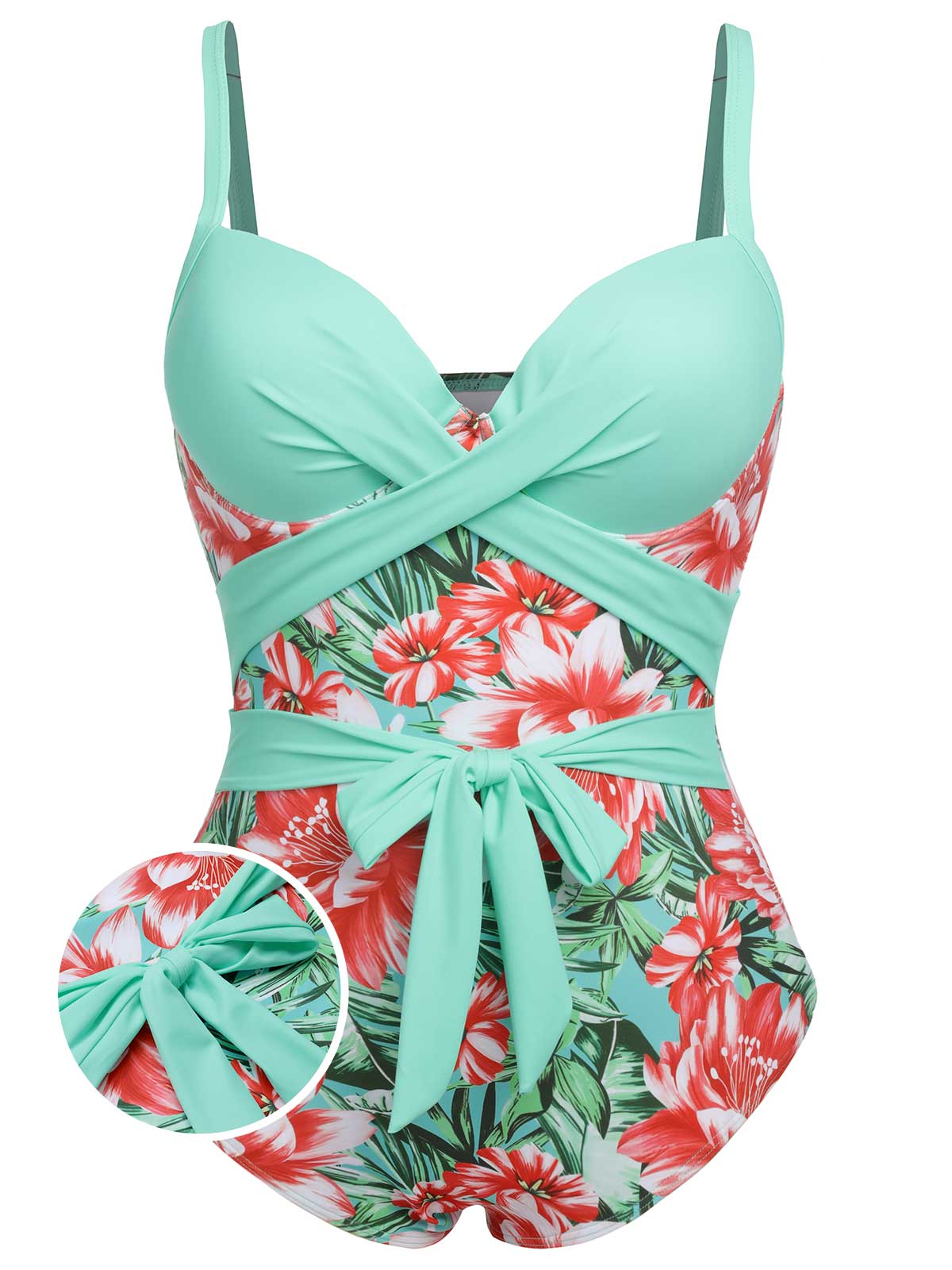 [Plus Size] 1940s Strap Flowers One-Piece Swimsuit - Image 15