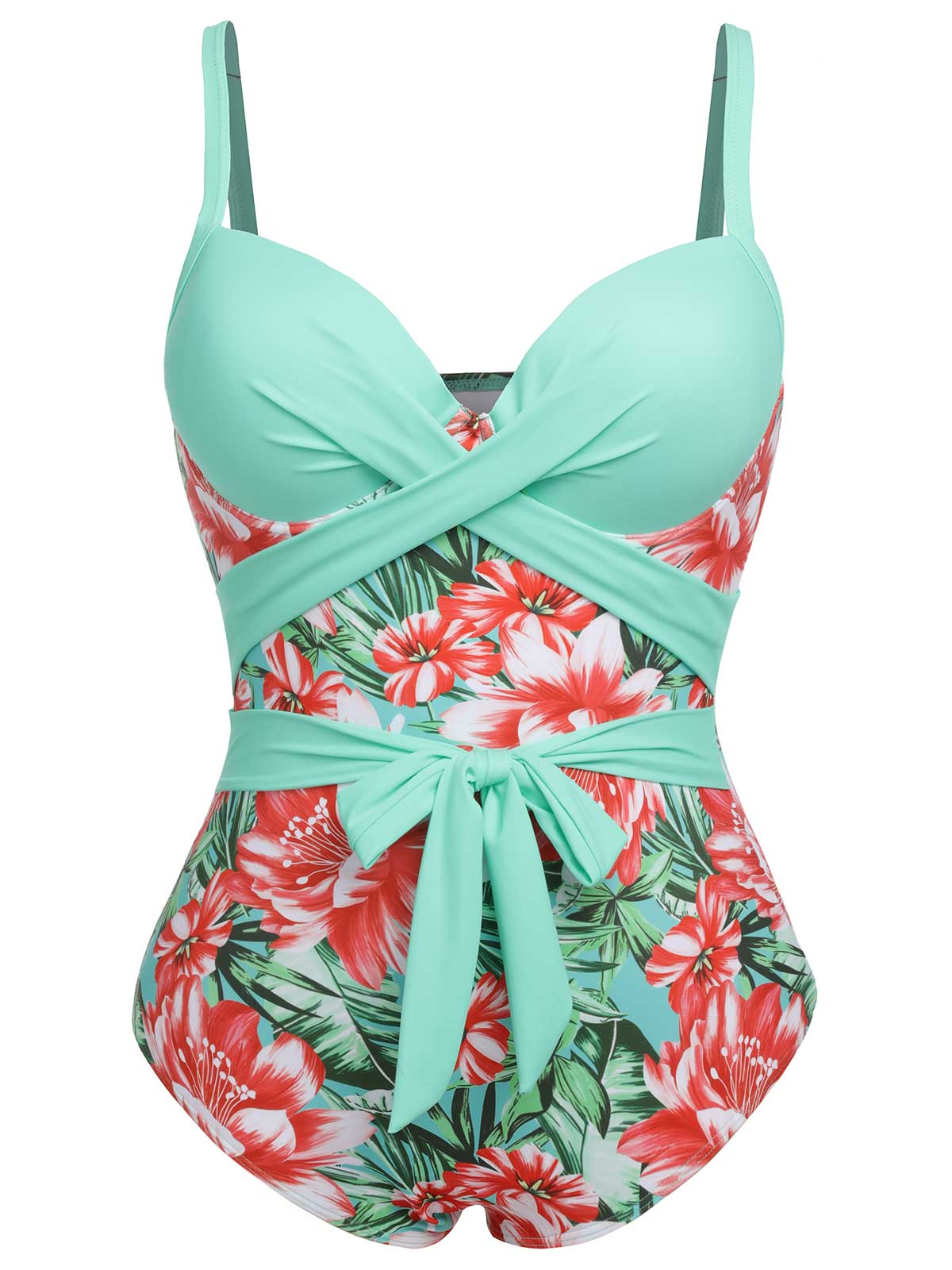 [Plus Size] 1940s Strap Flowers One-Piece Swimsuit - Image 16