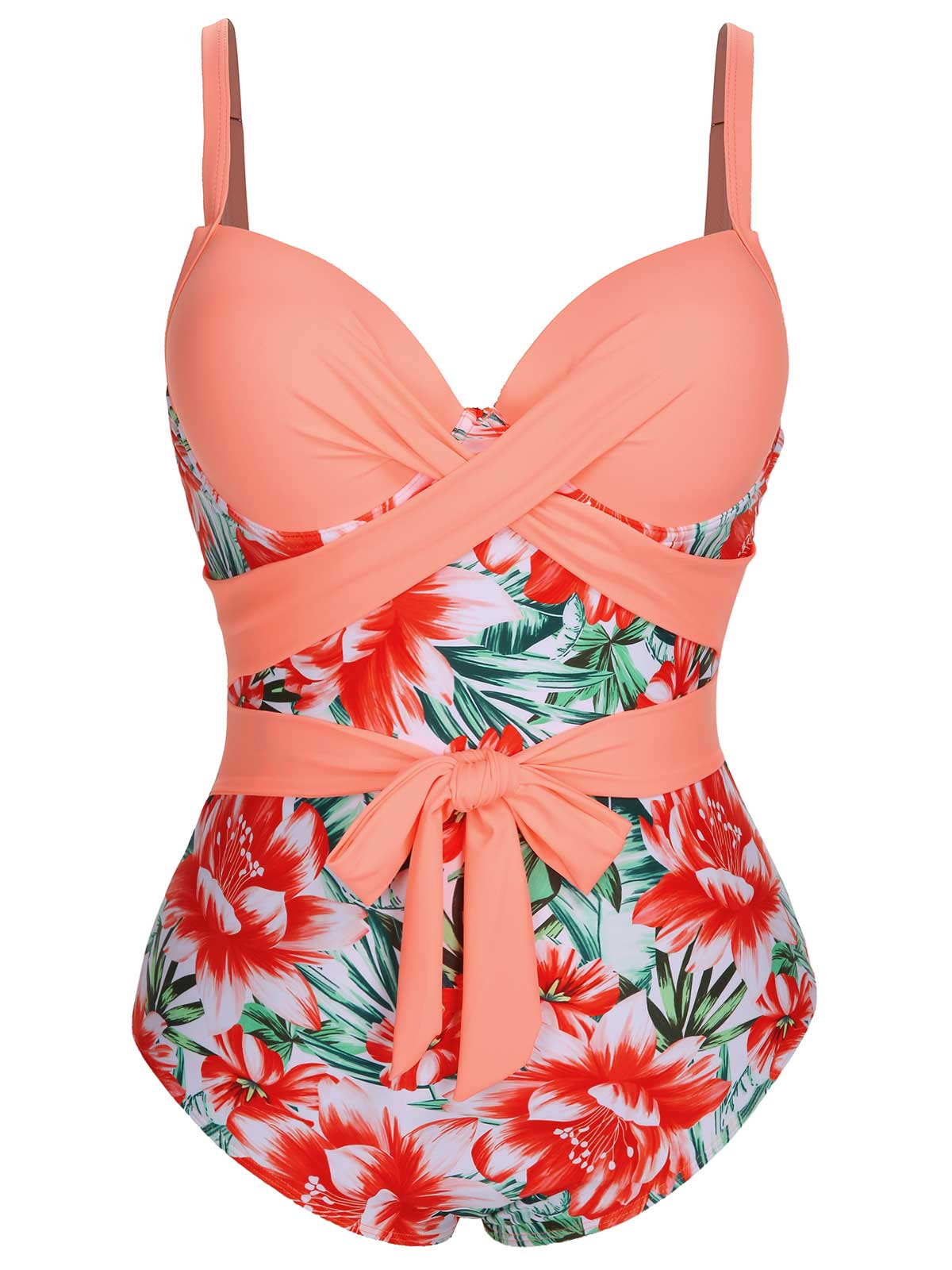 [Plus Size] 1940s Strap Flowers One-Piece Swimsuit - Image 2