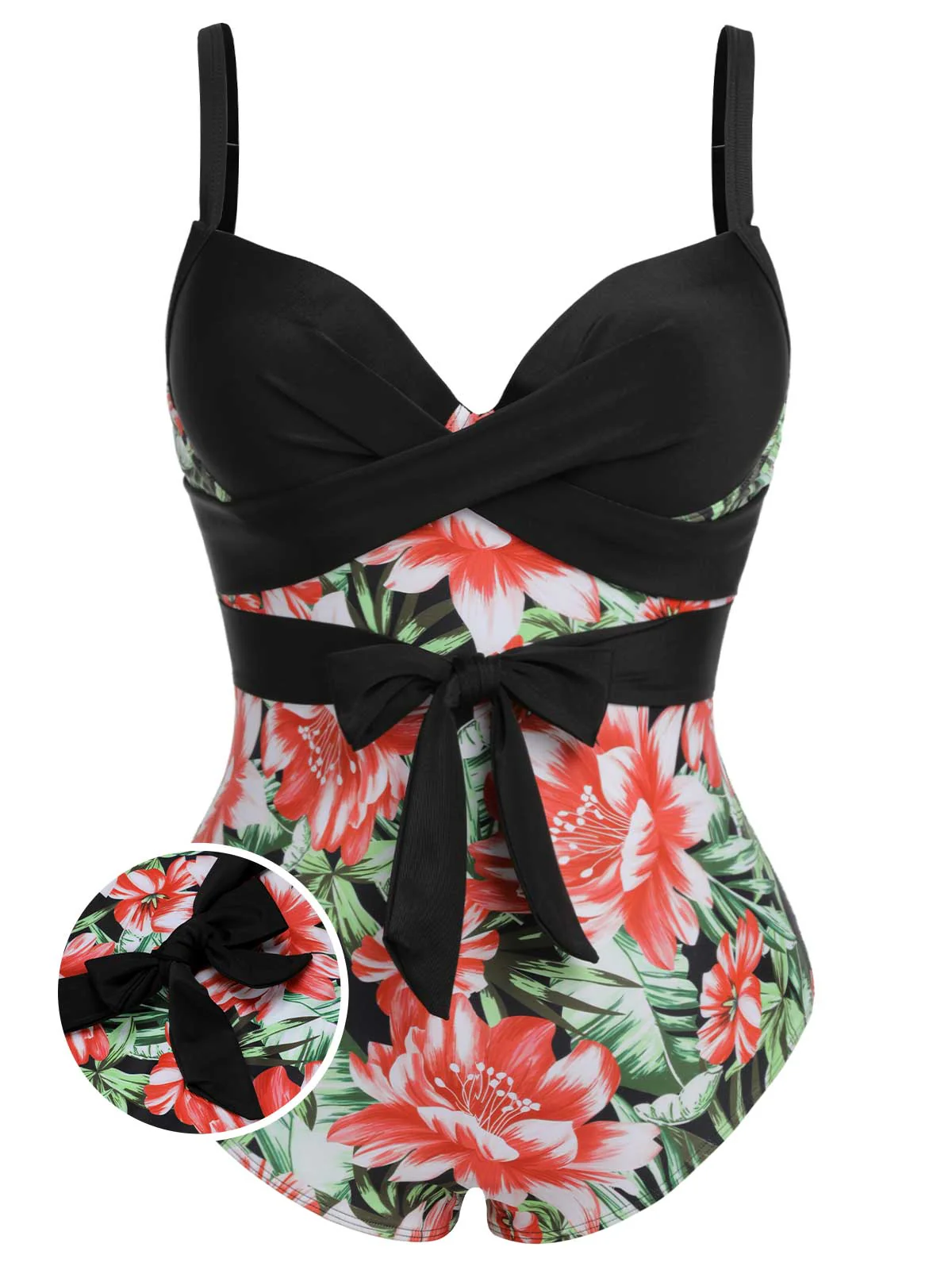 [Plus Size] 1940s Strap Flowers One-Piece Swimsuit - Image 22