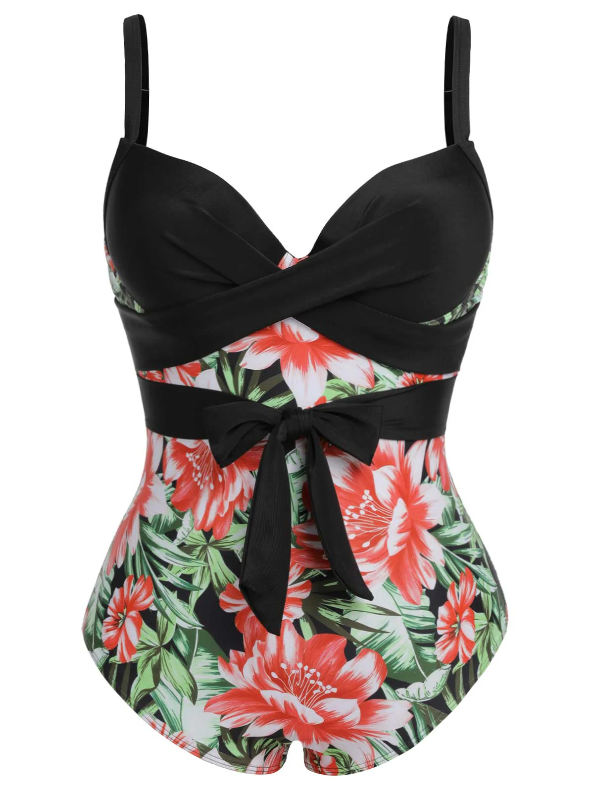 [Plus Size] 1940s Strap Flowers One-Piece Swimsuit - Image 23