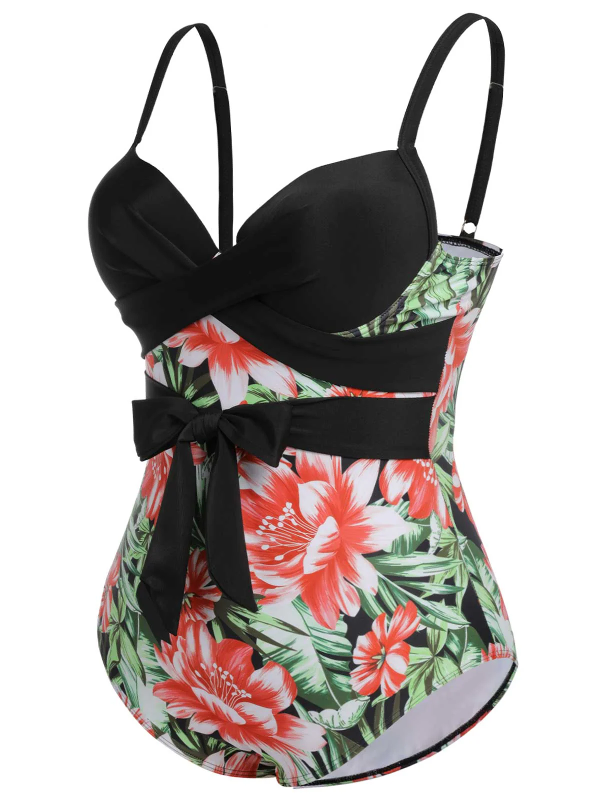 [Plus Size] 1940s Strap Flowers One-Piece Swimsuit - Image 24