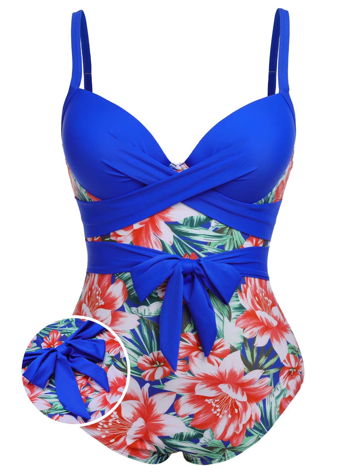 [Plus Size] 1940s Strap Flowers One-Piece Swimsuit - Image 8