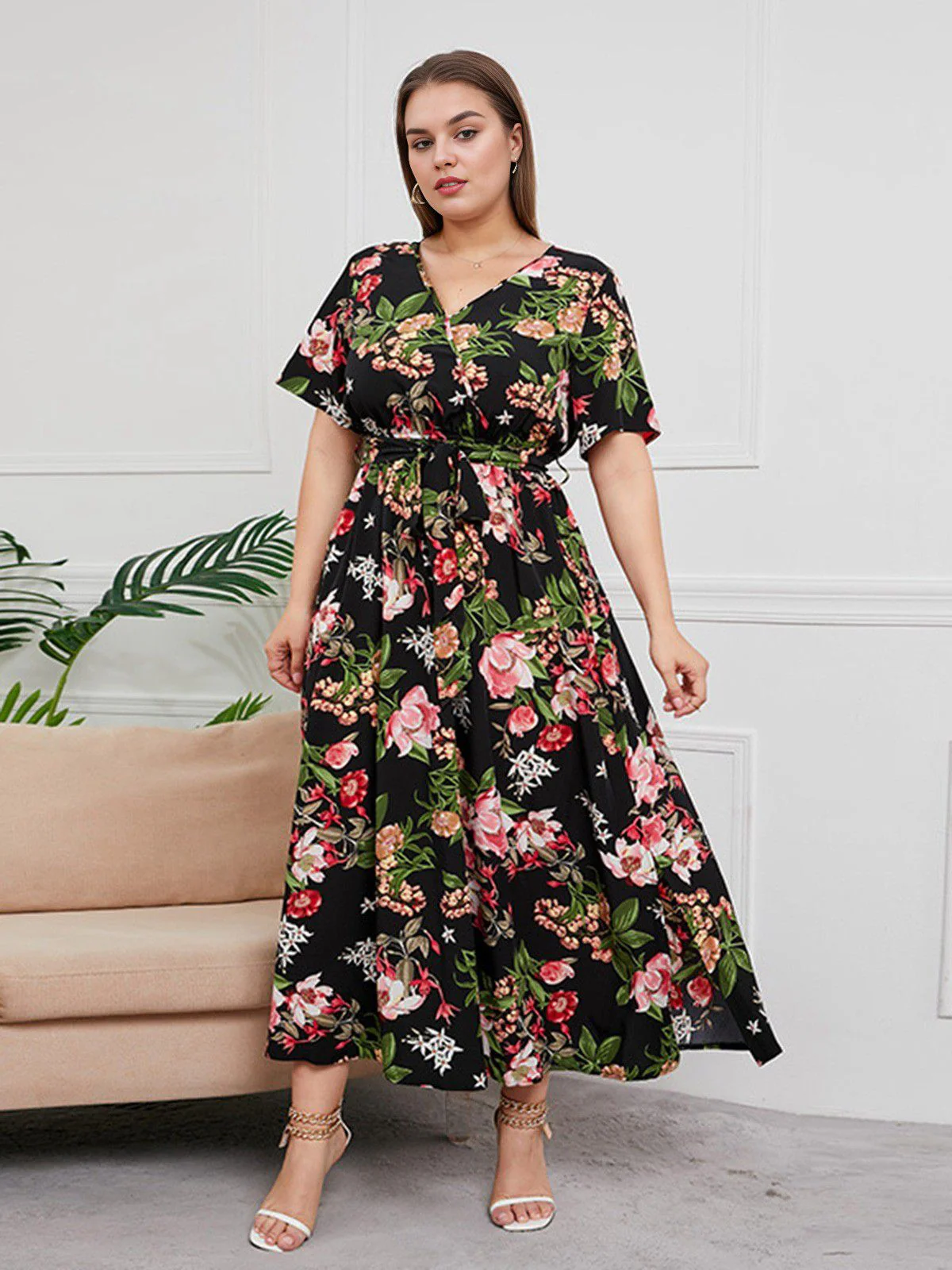 [Plus Size] 1940s Surplice V-Neck Belted Floral Dress - Image 6