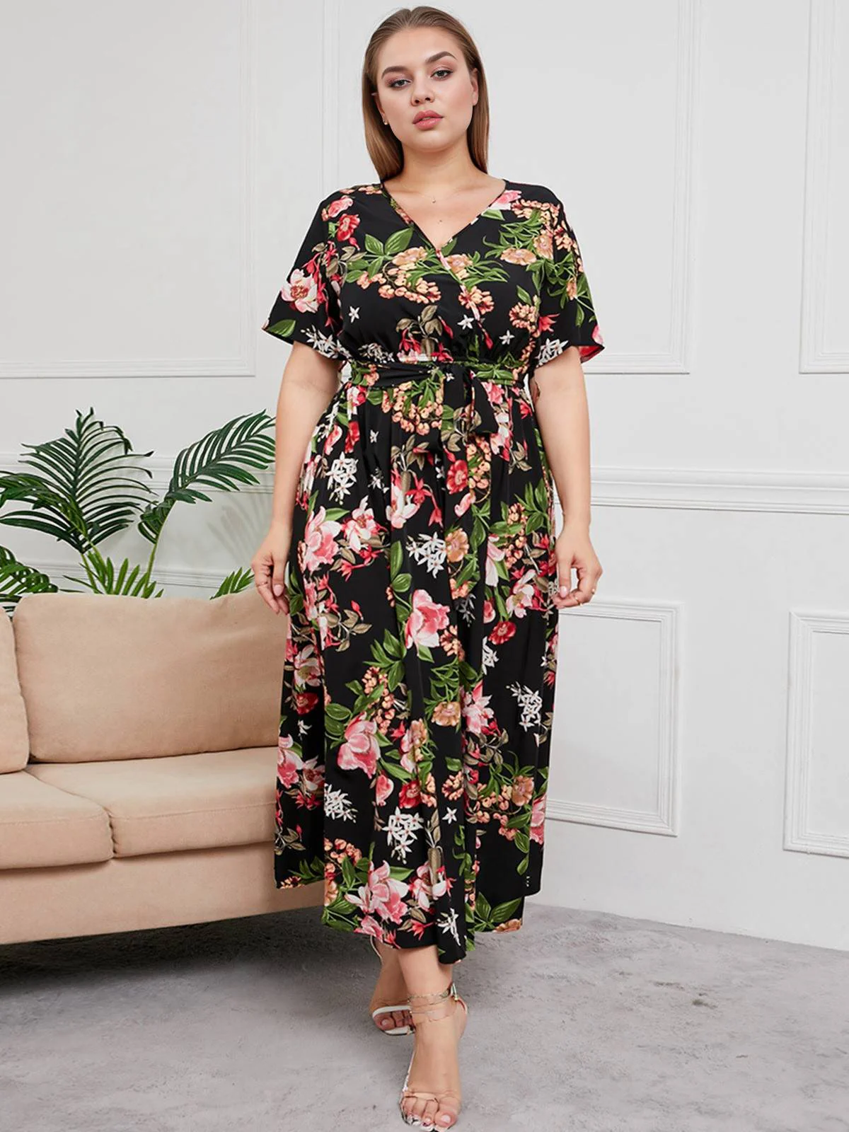 [Plus Size] 1940s Surplice V-Neck Belted Floral Dress - Image 7