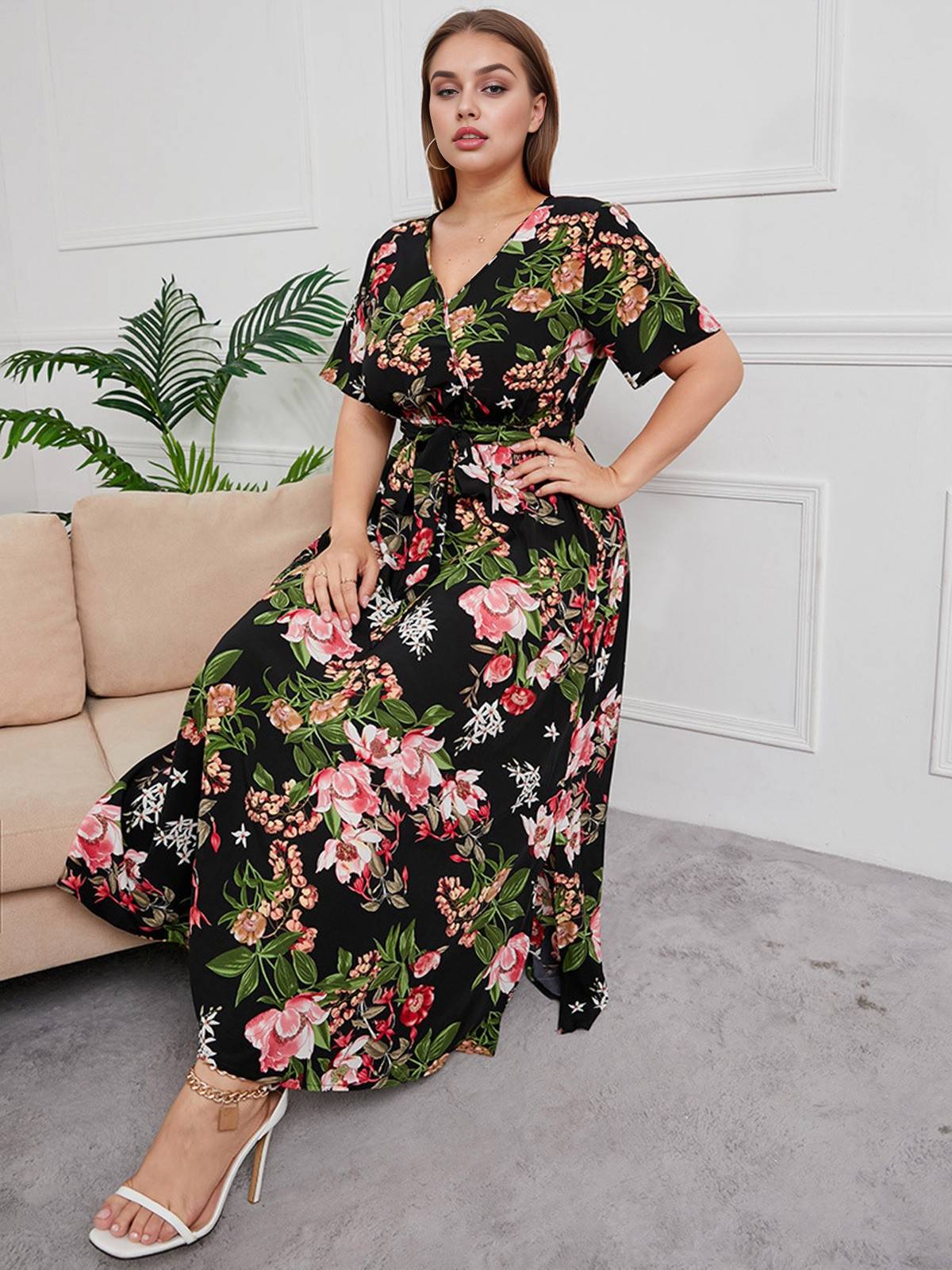 [Plus Size] 1940s Surplice V-Neck Belted Floral Dress - Image 9
