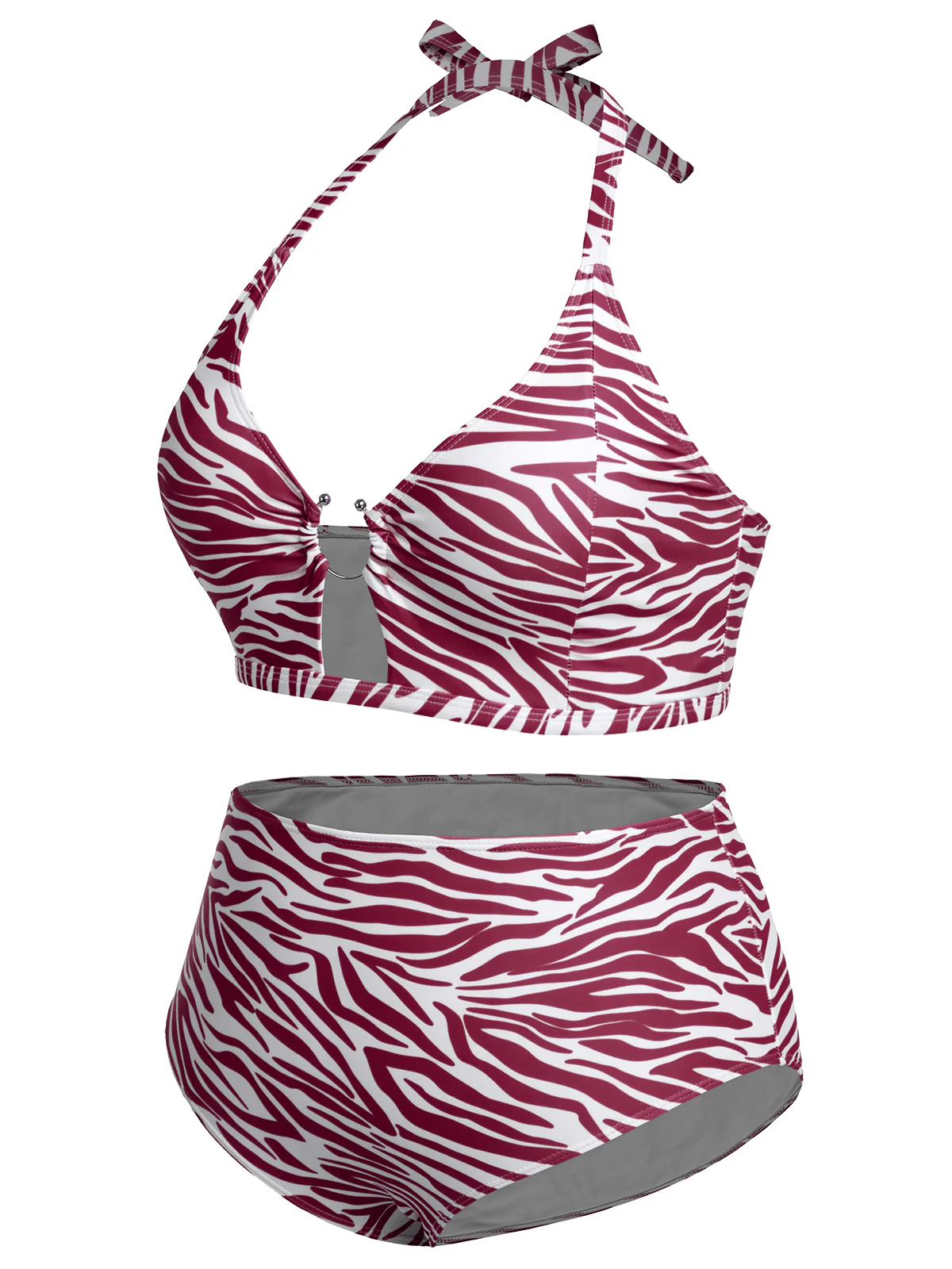 [Plus Size] 1940s Zebra Print Cutout Halter Swimsuit - Image 10