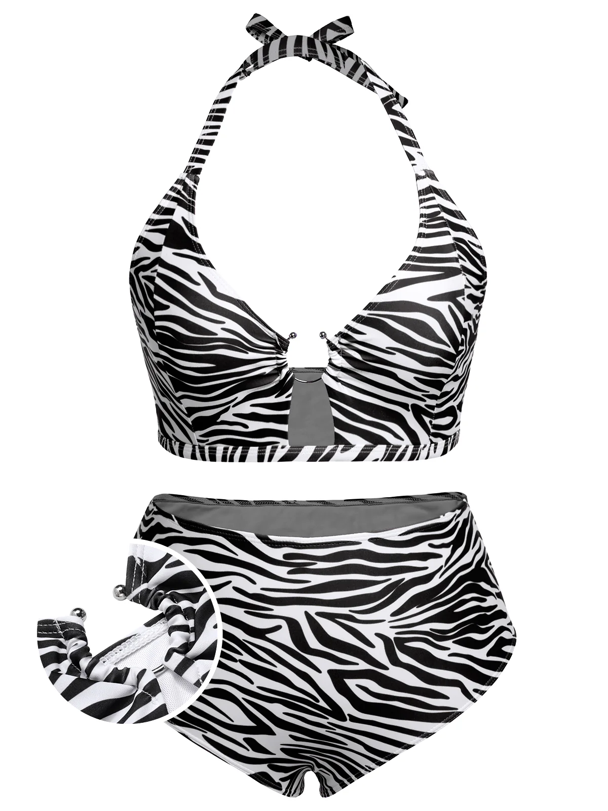 [Plus Size] 1940s Zebra Print Cutout Halter Swimsuit - Image 15
