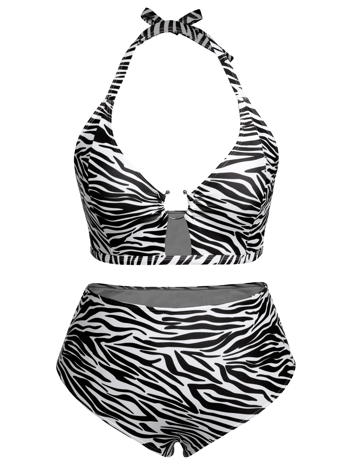 [Plus Size] 1940s Zebra Print Cutout Halter Swimsuit - Image 16