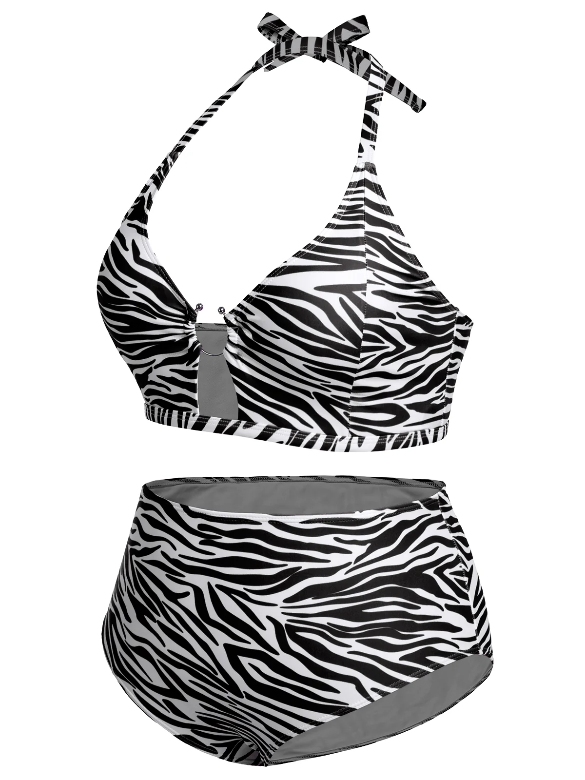 [Plus Size] 1940s Zebra Print Cutout Halter Swimsuit - Image 17