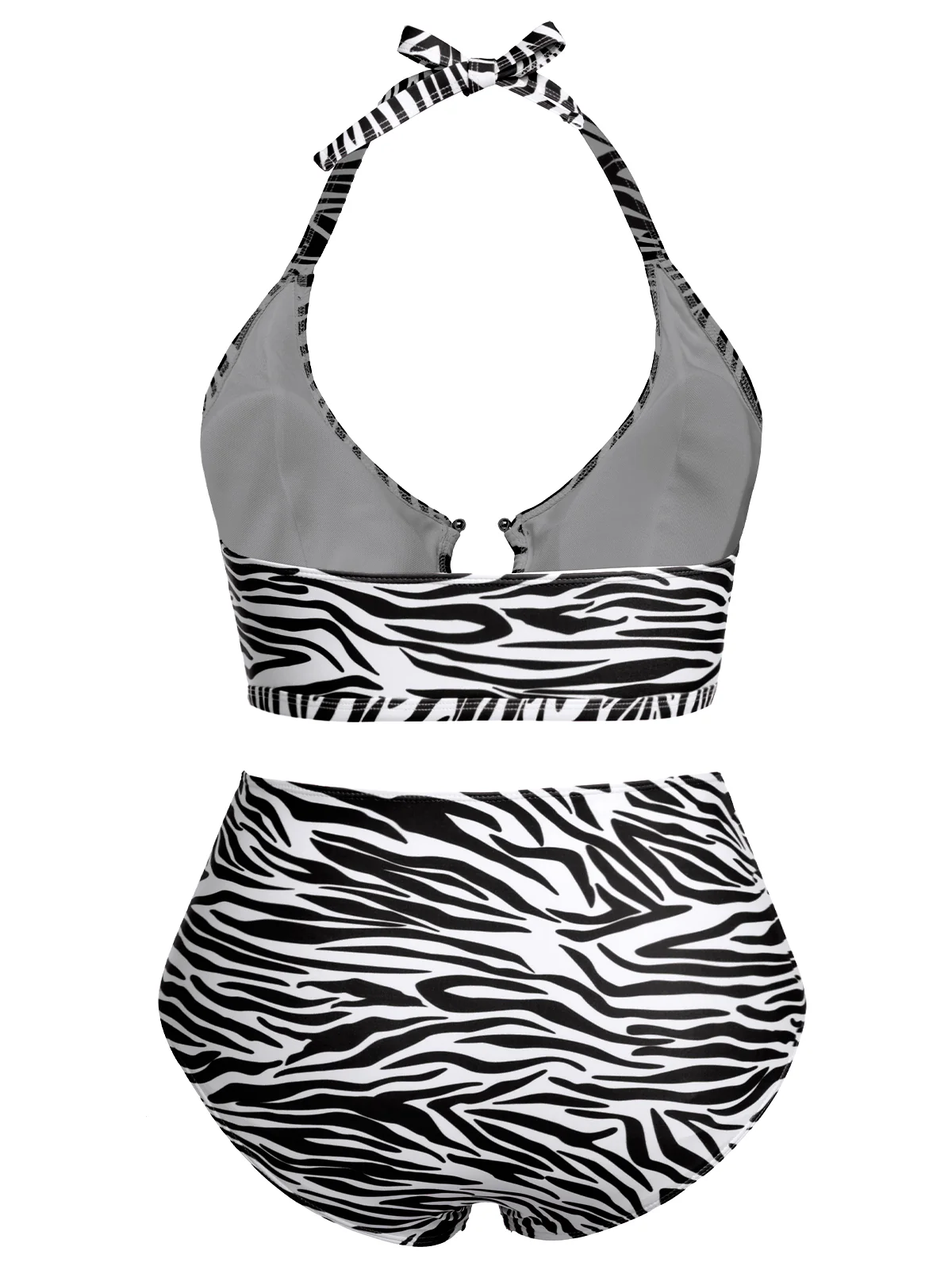 [Plus Size] 1940s Zebra Print Cutout Halter Swimsuit - Image 18