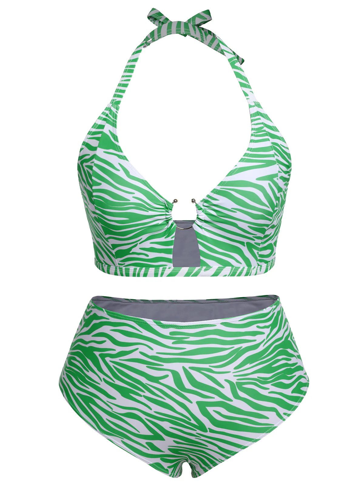 [Plus Size] 1940s Zebra Print Cutout Halter Swimsuit - Image 2