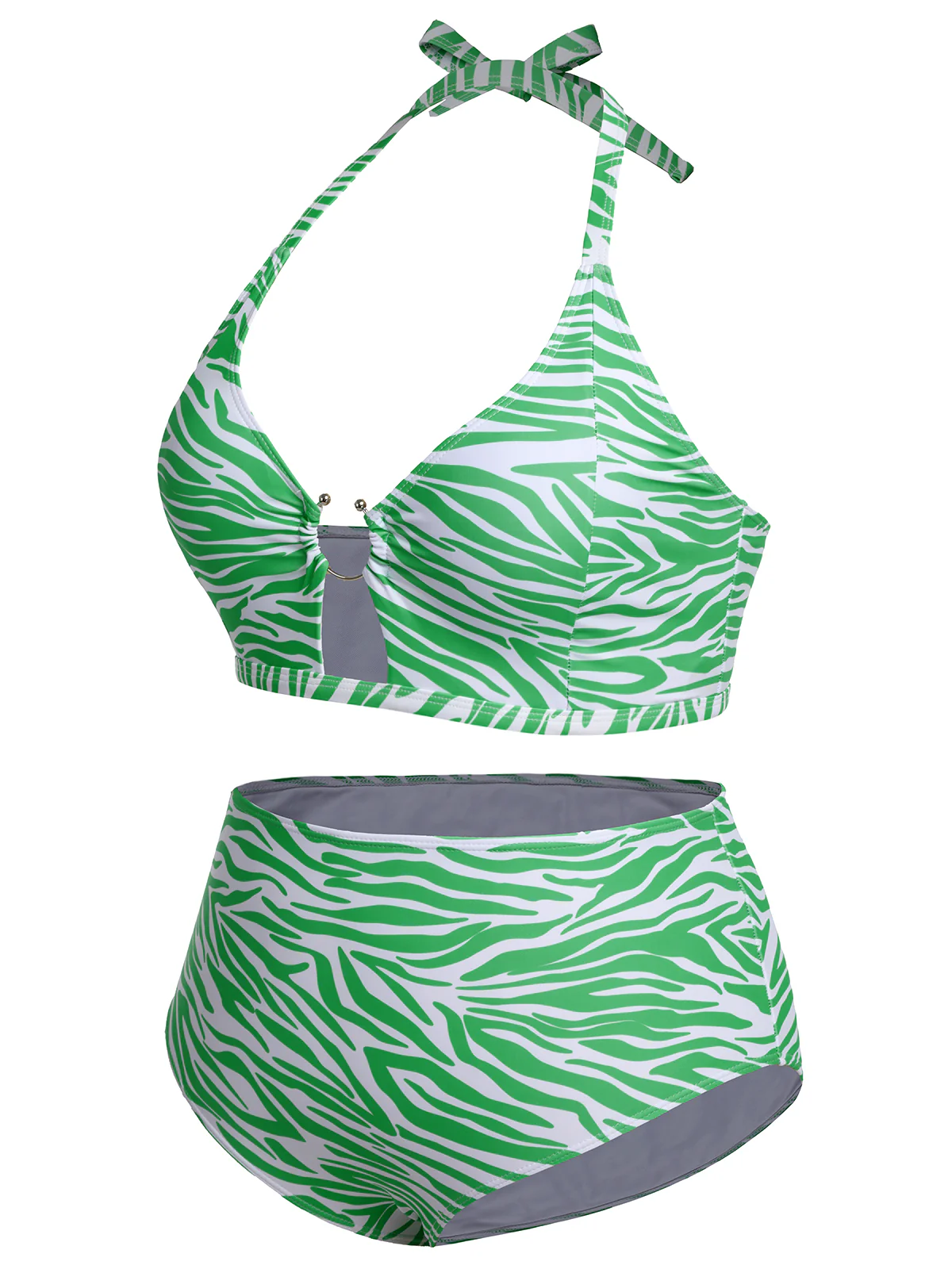 [Plus Size] 1940s Zebra Print Cutout Halter Swimsuit - Image 3