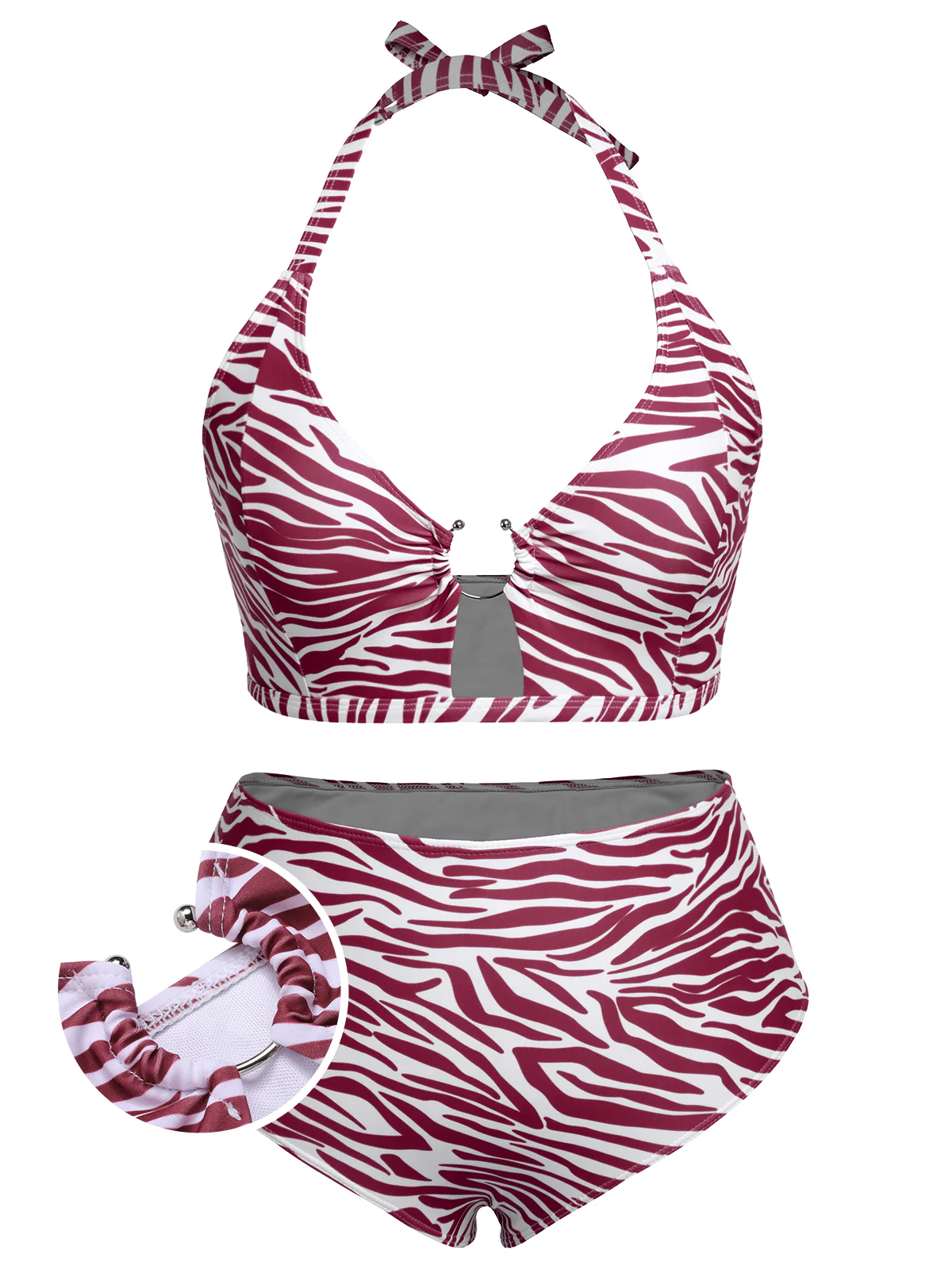 [Plus Size] 1940s Zebra Print Cutout Halter Swimsuit - Image 8
