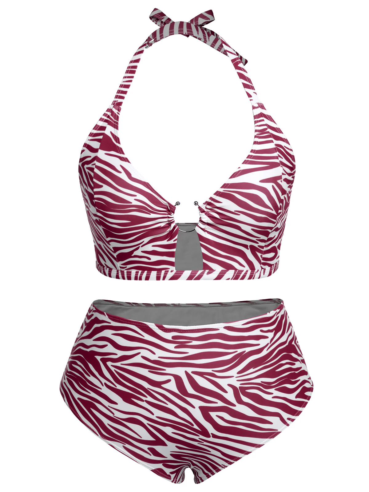 [Plus Size] 1940s Zebra Print Cutout Halter Swimsuit - Image 9