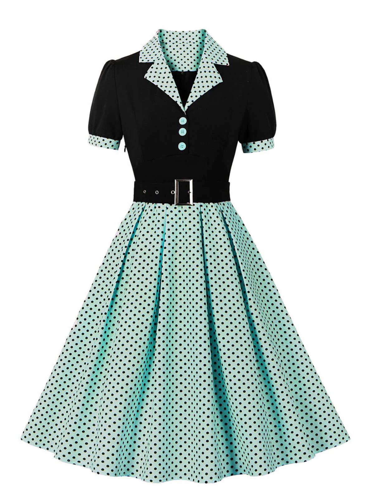 [Plus Size] 1950s Color Block Polka Dots Lapel Dress - Image 2