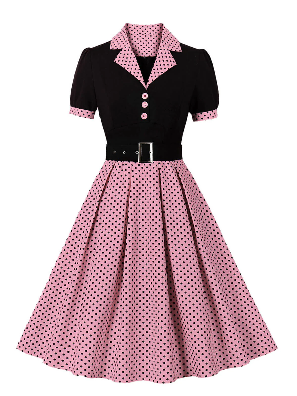 [Plus Size] 1950s Color Block Polka Dots Lapel Dress - Image 4