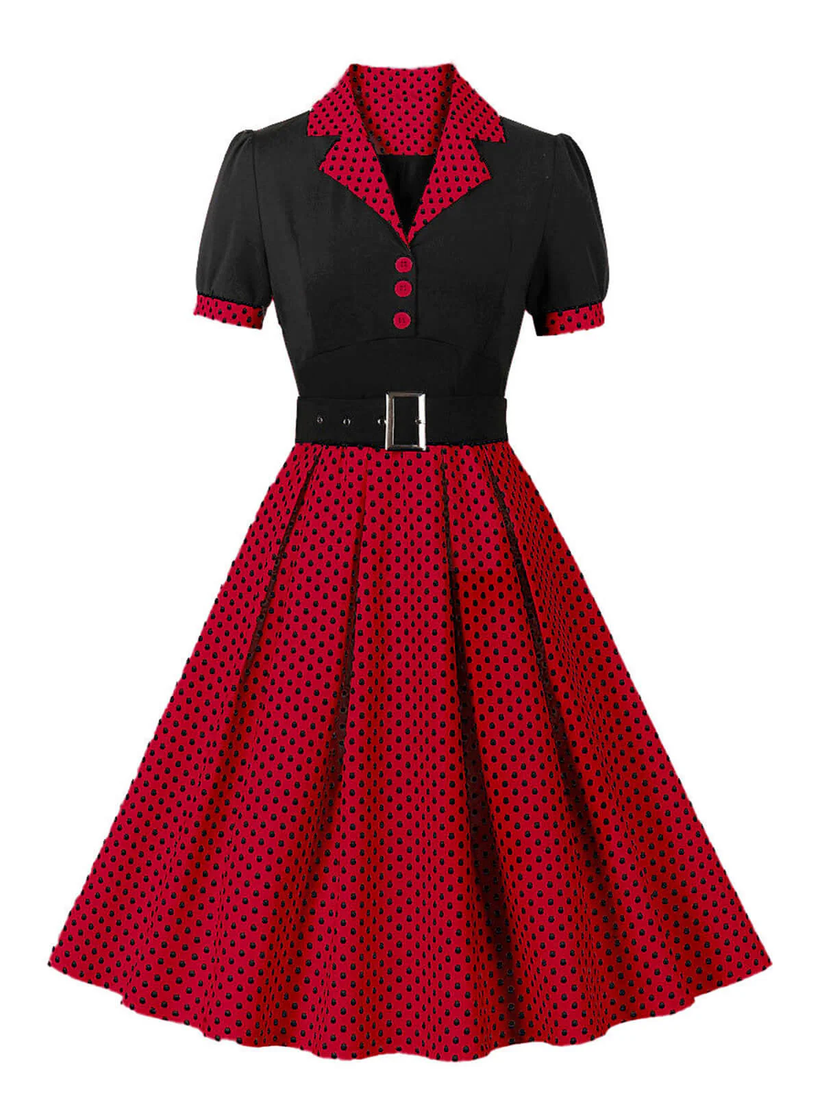 [Plus Size] 1950s Color Block Polka Dots Lapel Dress - Image 7