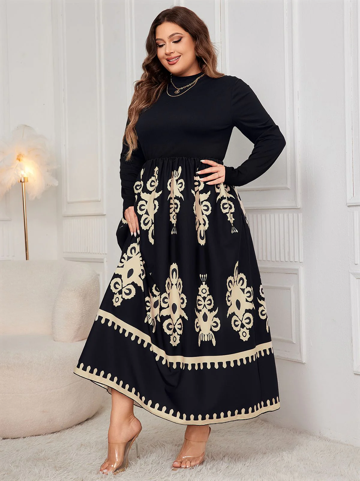 [Plus Size] 1950s Geometric Print Patchwork Dress - Image 5