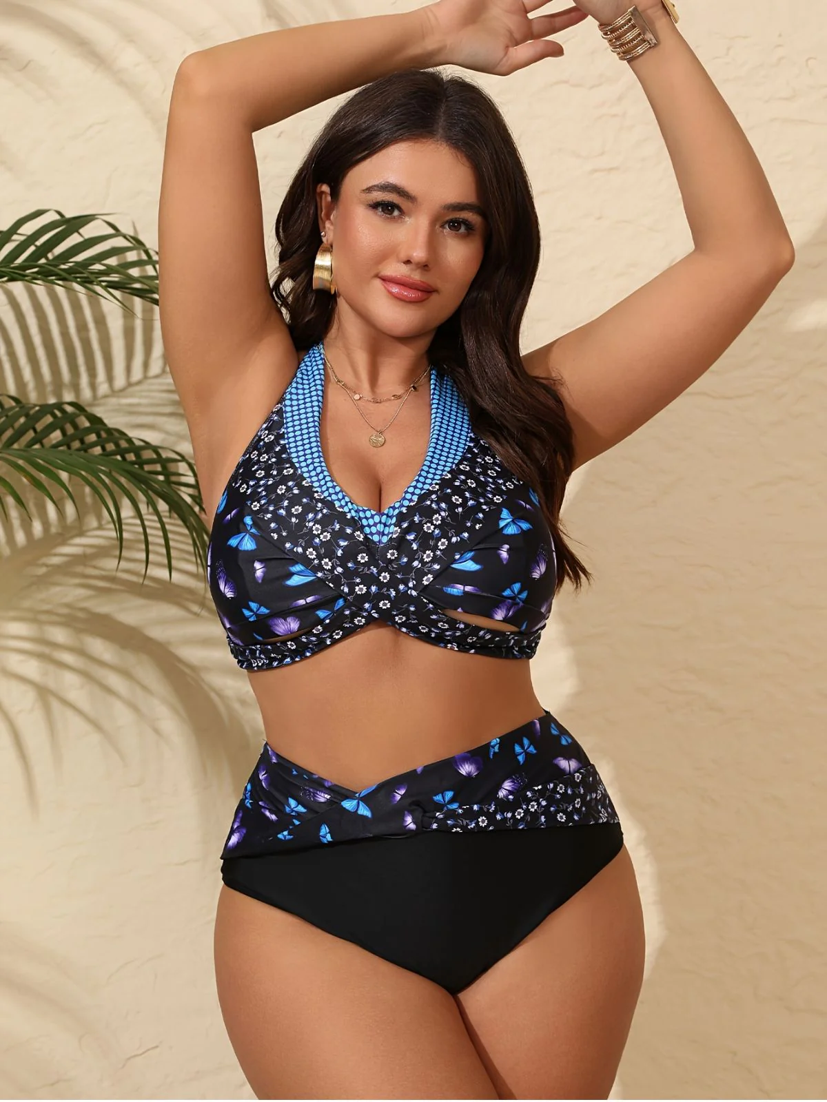 [Plus Size] 1950s Halter Butterflies Floral Bikini Set - Image 2