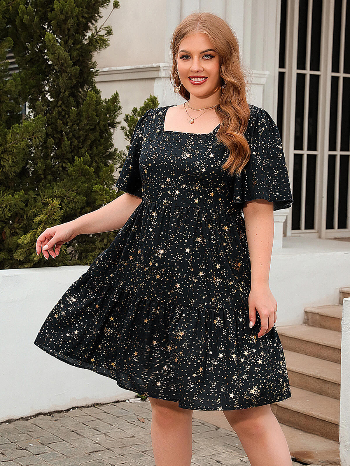 [Plus Size] 1950s Hot Stamping Stars Square Neck Dress - Image 4