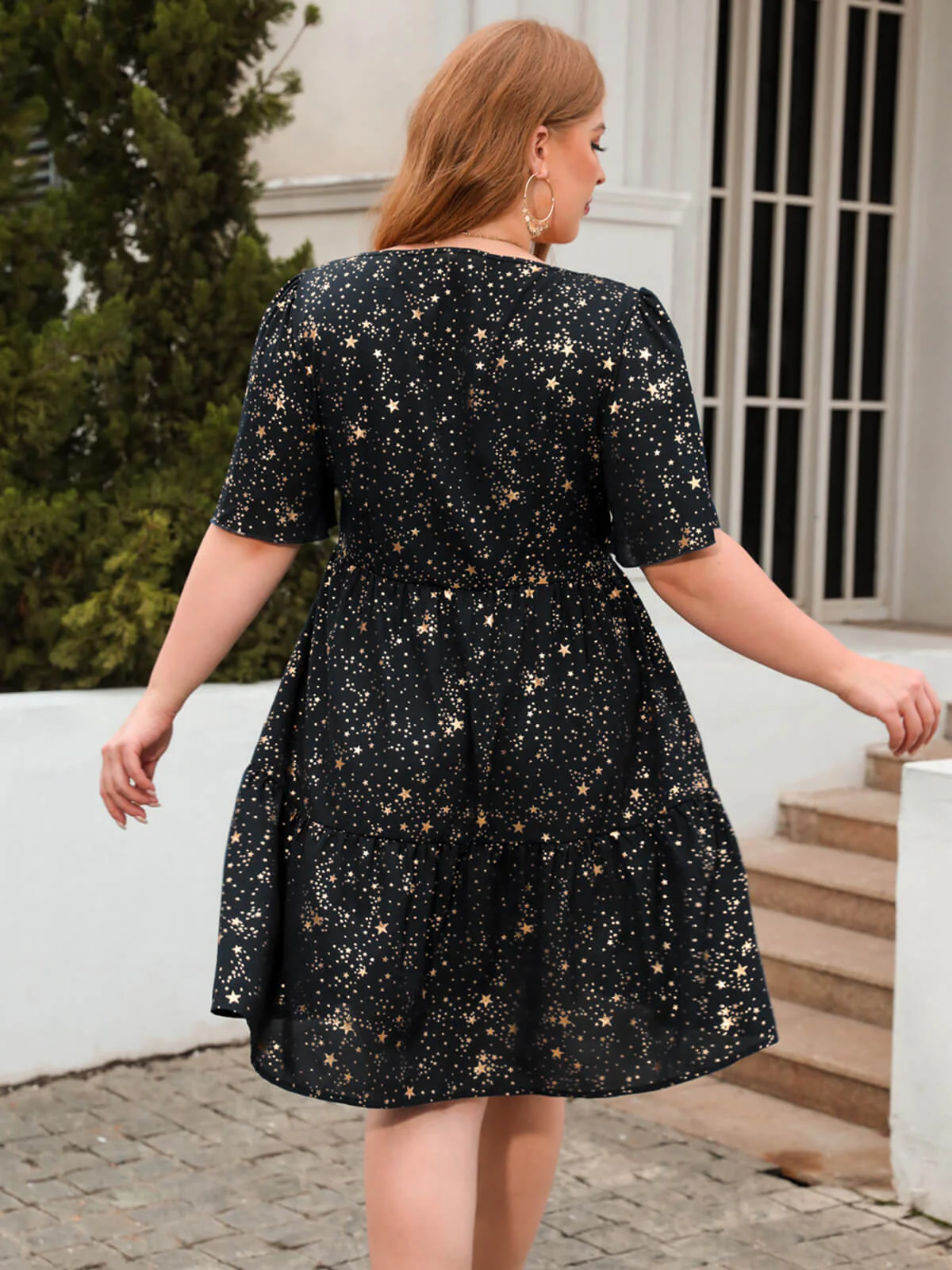 [Plus Size] 1950s Hot Stamping Stars Square Neck Dress - Image 5