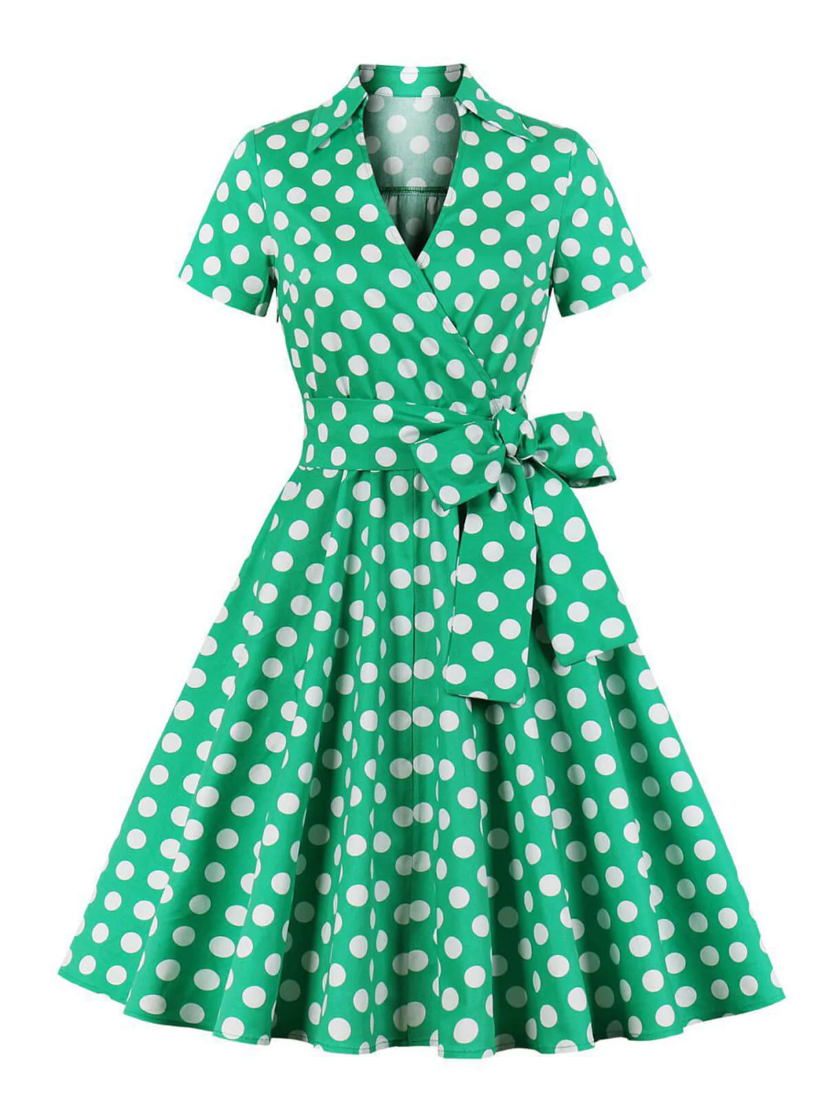 [Plus Size] 1950s Polka Dots Waist Tie Lapel Dress - Image 3