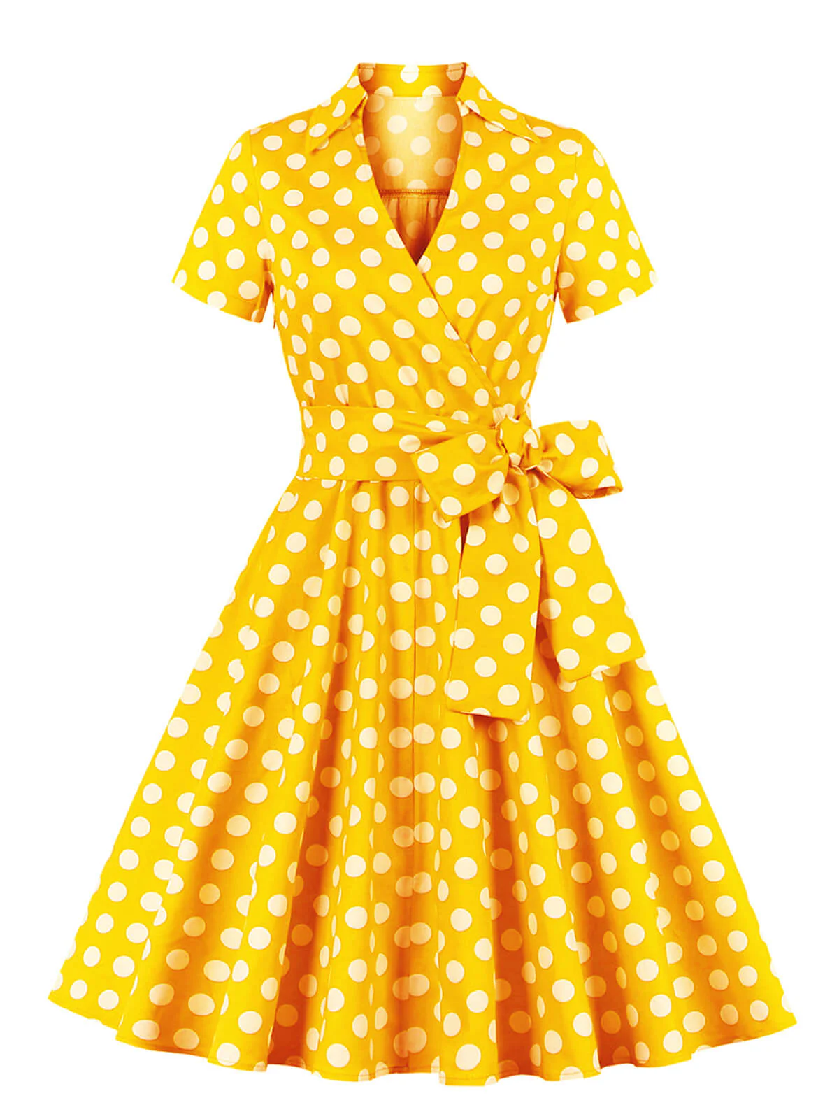 [Plus Size] 1950s Polka Dots Waist Tie Lapel Dress - Image 7