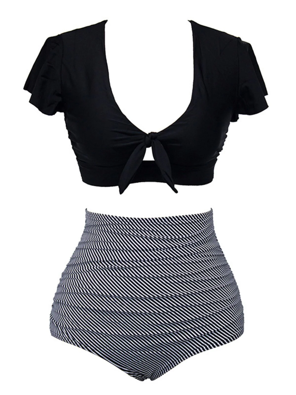 1950s Ruffle Sleeve Lace-Up Patchwork Swimsuit - Image 3
