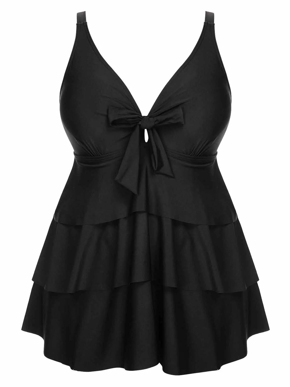 [US Warehouse] [Plus Size] 1950s Solid Front Tie Ruffle Swimsuit - Image 16