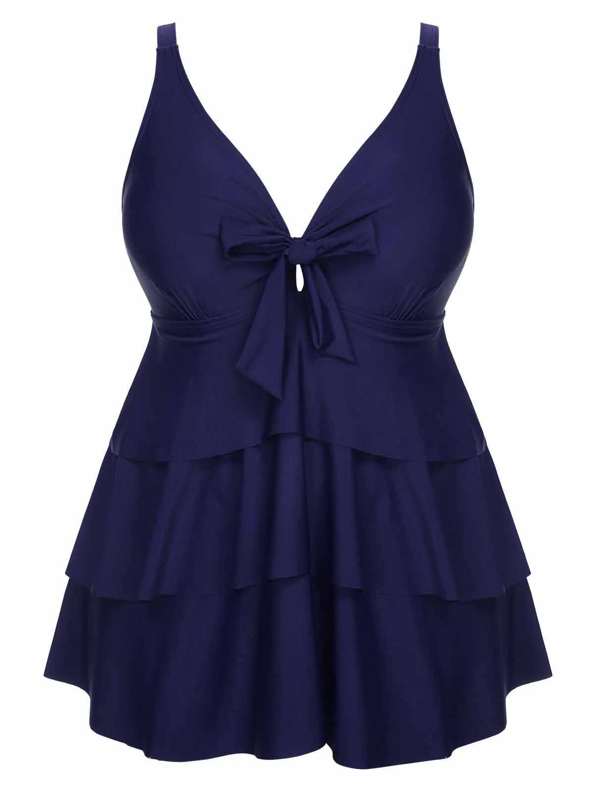 [US Warehouse] [Plus Size] 1950s Solid Front Tie Ruffle Swimsuit - Image 9