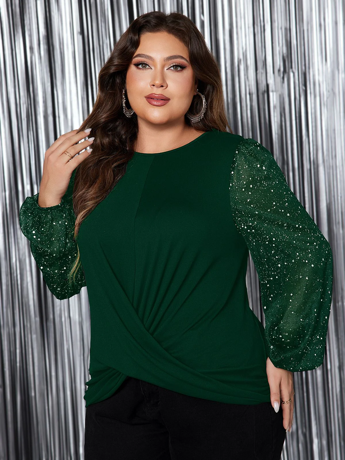 [Plus Size] 1950s Solid Sequined Patchwork Top - Image 3