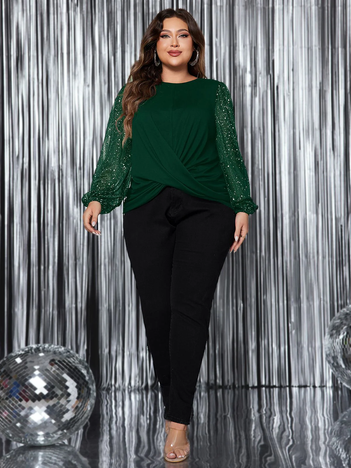 [Plus Size] 1950s Solid Sequined Patchwork Top - Image 4