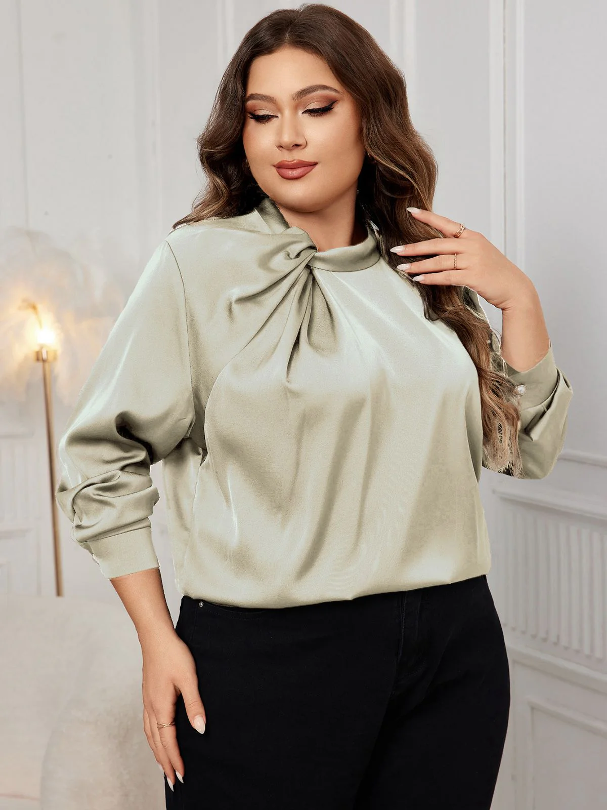 [Plus Size] 1950s Solid Twist Satin Blouse - Image 11