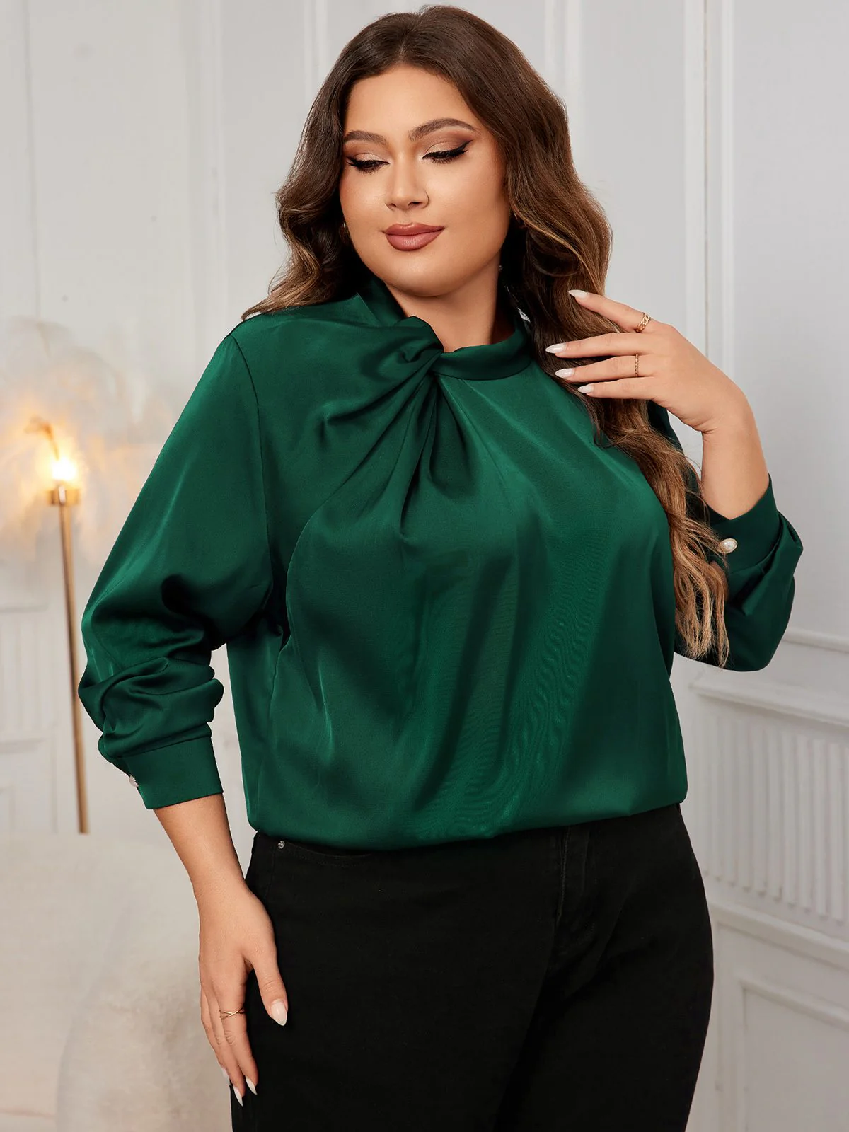 [Plus Size] 1950s Solid Twist Satin Blouse - Image 6