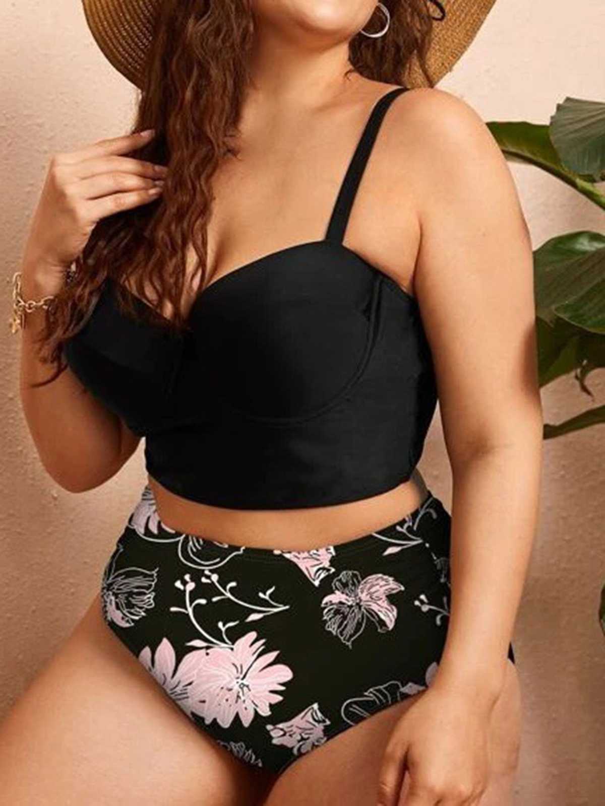 [Plus Size] 1950s Spaghetti Strap Floral Swimsuit - Image 3