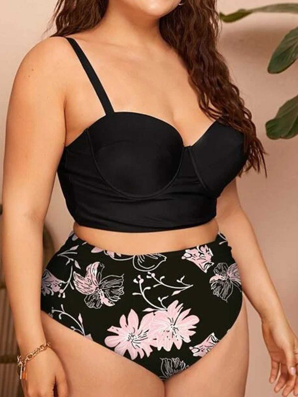 [Plus Size] 1950s Spaghetti Strap Floral Swimsuit - Image 4